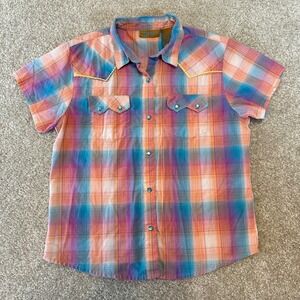 Wrangler Girls Western Plaid Short Sleeve Shirt Snap Button western Blue Size XL